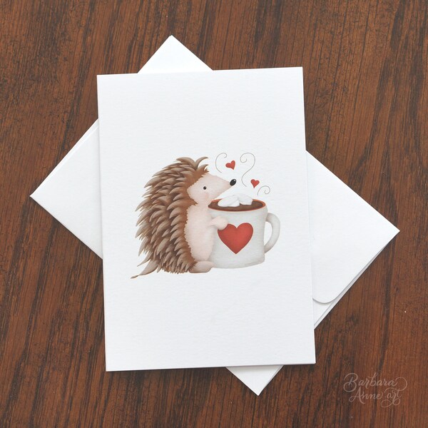 Hedgehog Love Cocoa Set | Original Illustration | sweet gift, valentine, thank you, send chocolate, or love note | Size 3.5 x 5 Inches