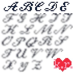 May include: A pixelated alphabet in a cursive font, with letters A through Z displayed. The letters are in a dark blue color. A red pixelated heart with the letters "I" and "R" is in the bottom right corner.