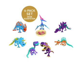 Standard Dinosaur Skeleton Set – Articulated Animal 6-Pack Flexi Desk Ecosystem, Custom Colors, Gift for Kids & Adults