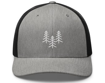 Minimalist trees trucker hat available in several colors and is perfect for summer camping and outdoor activities
