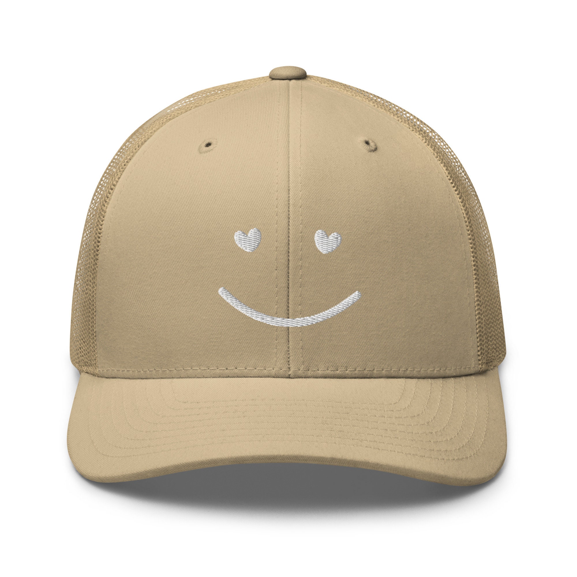 smiley face with heart eyes minimalist trucker hat, available in 7 color options, gift for her or him