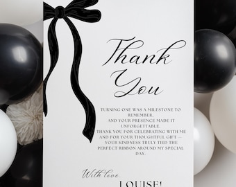 Modello di biglietto di ringraziamento minimalista con fiocco nero, Coquette, Ringraziamenti speciali con nastro nero 9174