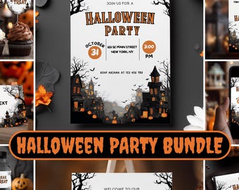 May include: A Halloween party bundle featuring printed stationery including invitations, favor tags, water bottle labels, candy bar wrappers, and a banner. The designs feature a haunted house illustration with black trees, orange pumpkins, and text.