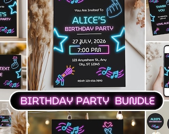 May include: A birthday party bundle featuring a black background with neon-style graphics of music notes, stars, a microphone, and a finger heart. The set includes invitations, thank you tags, water bottle labels, cupcake toppers, and a banner.
