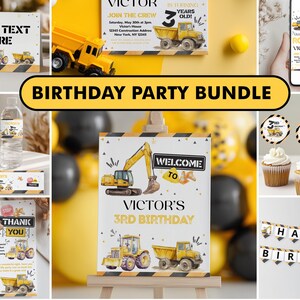 May include: A construction-themed birthday party bundle featuring yellow excavators, dump trucks, and tractors. The set includes invitations, welcome signs, thank you tags, cupcake toppers, water bottle labels, and a Happy Birthday banner with black and yellow caution stripes.