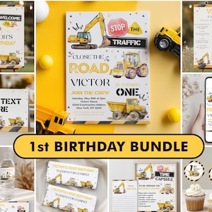 May include: A construction-themed first birthday party bundle featuring yellow excavators and dump trucks. Includes invitations, milestone signs, cupcake toppers, water bottle labels, thank you cards, and banners with black and yellow caution stripes.
