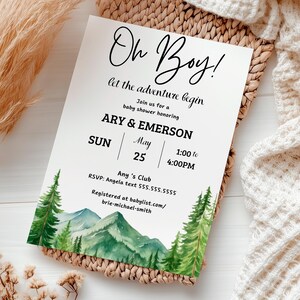 Green Forest Baby Shower Invitation | Editable Template | Pine Tree Theme | Printable | Instant Download