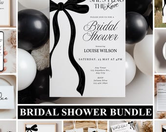 May include: A bridal shower stationery bundle featuring a black ribbon bow graphic on white paper. Items include invitations, signs, recipe cards, tags, and labels with black text. The designs display phrases like She's Tying The Knot, Bridal Shower, and Thank You.