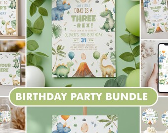 Three Rex 3rd Birthday Bundle, Dinosaur 3rd Birthday Party Invite Bundle, Dinosaur Decoration Party Set, 9166