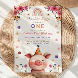 Editable Pig Birthday Invitation Little Piggy Farm Birthday Invite Farm Animals Pink Floral Birthday Invitation Instant Download