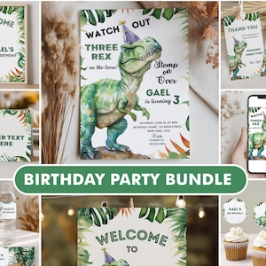 May include: A dinosaur-themed birthday party bundle featuring a green T-Rex wearing a purple party hat. The set includes a welcome sign, invitation, thank you tags, water bottle labels, cupcake toppers, and a happy birthday banner with tropical leaves.