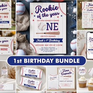 May include: A baseball-themed 1st birthday party decoration bundle featuring white and red pinstriped designs with blue text. Items include invitations, water bottle labels, cupcake toppers, a time capsule sign, photo banners, and thank you cards.