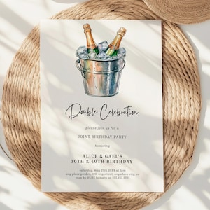 Editable Champagne Double Birthday Invitation, Champagne Party Invitation, Champagne Invitation Adult Birthday, Birthday Invitation