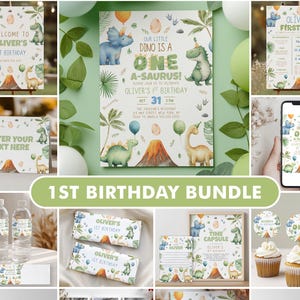 May include: A dinosaur-themed first birthday party stationery bundle featuring watercolor illustrations of dinosaurs, volcanoes, and tropical leaves. Includes invitations, cupcake toppers, water bottle labels, banners, and milestone cards with text.