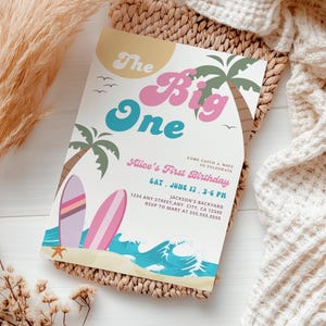 Bewerkbare meisje The Big One surfen 1e verjaardagsuitnodiging voor feest Retro Girl Surf Van surfplank Beach Party uitnodiging direct downloaden
