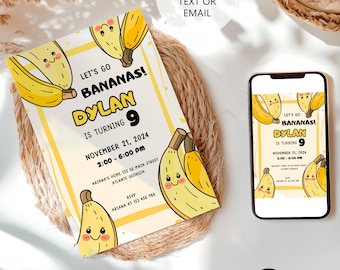 Cute Bananas Birthday Invitation,Cute Bananas  Birthday Invite,Banana Birthday Invitation Template