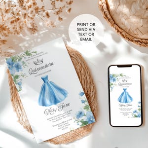 Editable Light Blue Quinceañera Invitation template, Mis Quince Invitation, Quinceanera Invitation