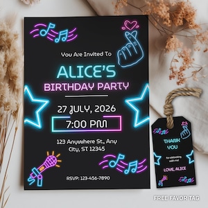 May include: A black birthday party invitation and matching favor tag featuring neon-style graphics of music notes, stars, a microphone, and a finger heart. The text reads: You Are Invited To ALICE'S BIRTHDAY PARTY, 27 JULY, 2026, 7:00 PM.