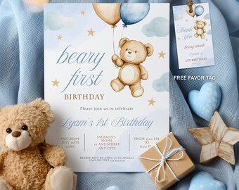 Beary First Birthday Invitation, Teddy  Bear Invite 9153