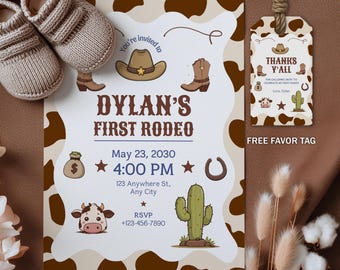 EDITABLE Cowboy First Rodeo Birthday Invitation, Cowboy Invite, Cowboy First Rodeo Birthday, Cowboy First Rodeo Party, Canva Template 8539