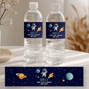 Etiqueta para botella de cumpleaños de astronauta espacial, etiqueta para botella de agua del segundo viaje alrededor del sol / Decoraciones para fiestas / Descarga instantánea 9098