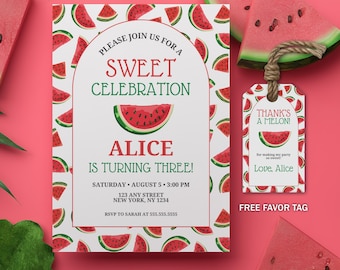 Watermelon Sweet Pool Party Birthday Invitation, Editable Girl Birthday Invite, Watermelon Summer Birthday Invitation Template 9005