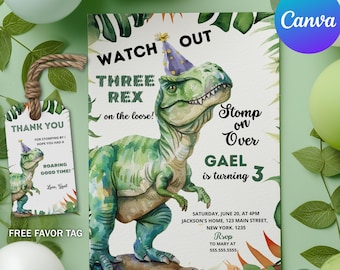 Dinosaur Three-Rex Birthday Invitation | Editable Canva Template | 3rd Birthday Invite | Instant Download 9014