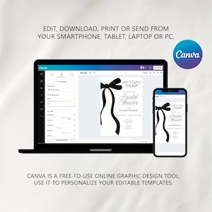 Może przedstawiać: Laptop i smartfon wyświetlające cyfrowy szablon zaproszenia na wiecz&oacute;r panieński z czarną kokardą oraz tekstem "She's Tying The Knot" i "Bridal Shower" na białym tle, zawierające elementy interfejsu edycji programu Canva.