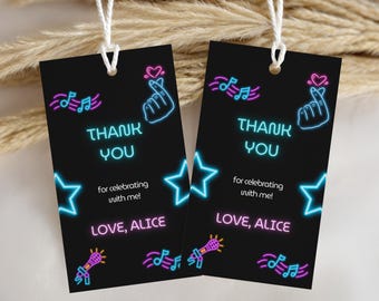 Editable K-pop Neon Birthday Favor Tags, Music Neon Kpop Thank You Tag, Kpop Favors, Instant Download 8542