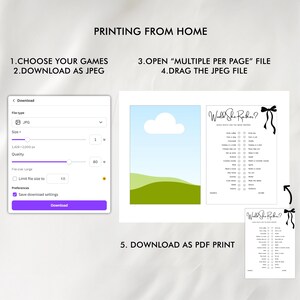 May include: A digital instructional graphic for printing a Would She Rather game. It displays a download settings window, a landscape illustration with a cloud and hills, and a printable game sheet featuring a black bow and text list.