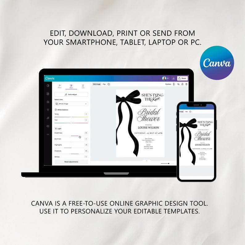 May include: A laptop and smartphone displaying a digital bridal shower invitation template with a black bow graphic and the text "She's Tying The Knot" and "Bridal Shower" on a white background, featuring Canva editing interface elements.