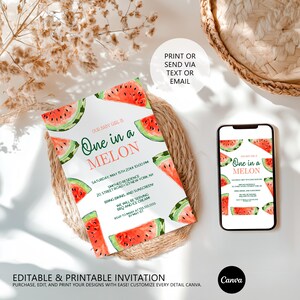 Watermelon Birthday Invitation, Editable Girl Birthday Invite, Watermelon Summer Birthday Invitation Template