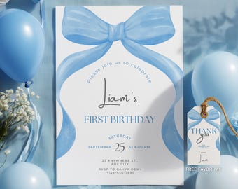 Blue Bow Birthday Invitation, Blue Ribbon Birthday Invitations, Blue Ribbon 1st Birthday , Blue Bow 1st Birthday Party Invite 8547