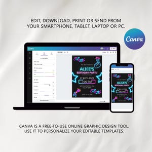 May include: A laptop and smartphone displaying a digital birthday party invitation template with neon-style graphics on a black background. The invitation features text including Alice's Birthday Party, 27 July, 2026, 7:00 PM, and music notes.