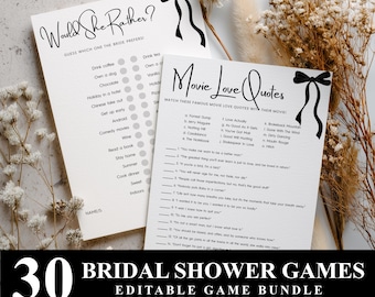 May include: Two white paper bridal shower game cards with black text and bow illustrations. One card is titled Would She Rather? and the other is titled Movie Love Quotes. Both cards feature lists of questions and lines for writing names.
