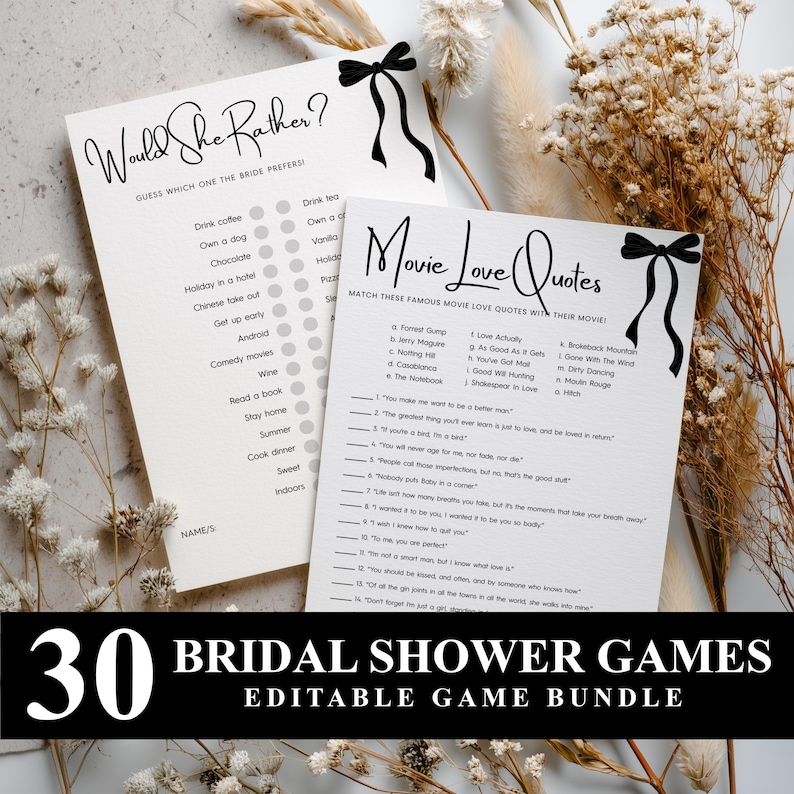 May include: Two white paper bridal shower game cards with black text and bow illustrations. One card is titled Would She Rather? and the other is titled Movie Love Quotes. Both cards feature lists of questions and lines for writing names.