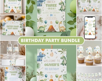 Three Rex 3rd Birthday Bundle, Dinosaur 3rd Birthday Party Invite Bundle, Dinosaur Decoration Party Set, 9166