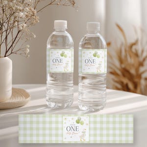 Puede incluir: Dos botellas de agua de plástico transparente con tapas blancas. Cada botella tiene una etiqueta con el texto "ONE Sally Goose!" y una ilustración de un ganso de dibujos animados. Las etiquetas están decoradas con globos verdes y flores amarillas. Una etiqueta a juego está en la parte inferior.