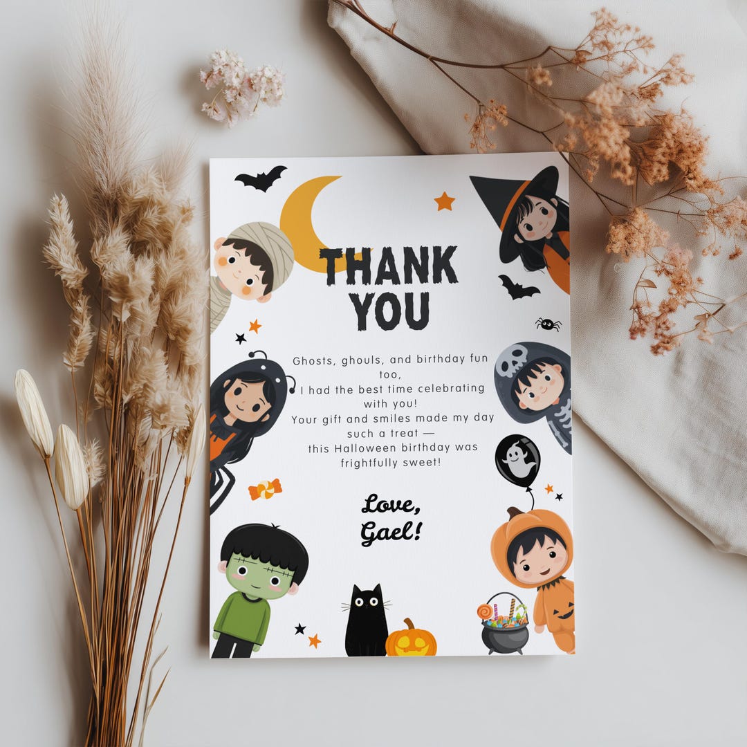 Halloween Editable Birthday Thank You Card, Halloween Costume Thank You ...