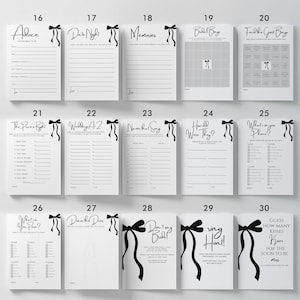 May include: A collection of fifteen white wedding game cards featuring black text and black bow illustrations. The cards include titles such as Advice, Date Night, Memories, Bridal Bingo, The Price is Right, Wedding A-Z, Name that Song, and Ring Hunt.