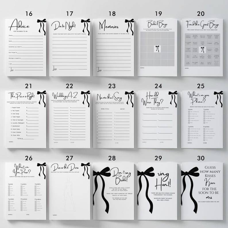 May include: A collection of fifteen white wedding game cards featuring black text and black bow illustrations. The cards include titles such as Advice, Date Night, Memories, Bridal Bingo, The Price is Right, Wedding A-Z, Name that Song, and Ring Hunt.