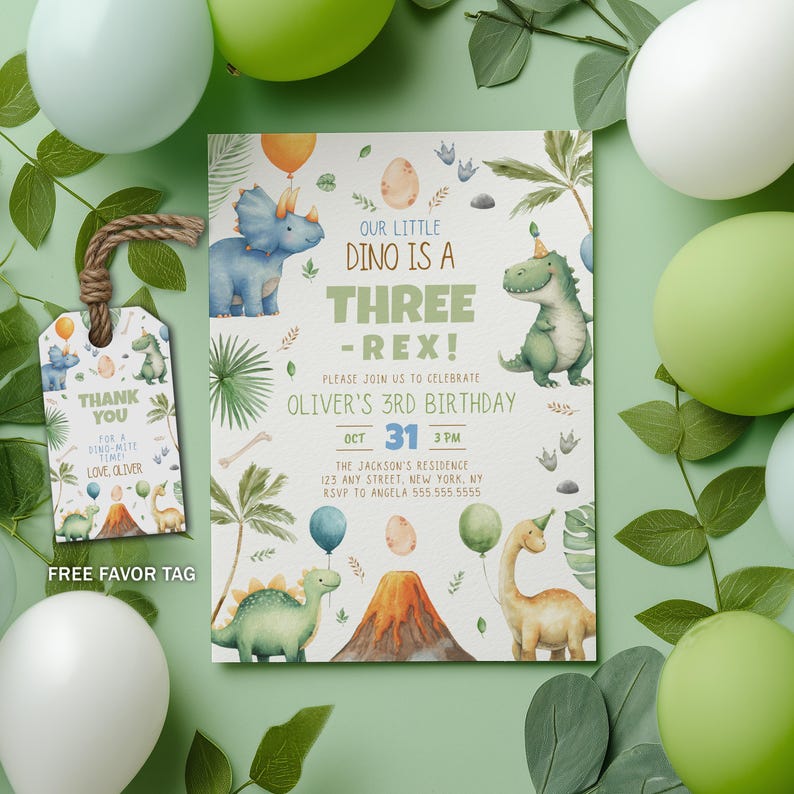 May include: A rectangular birthday invitation and a matching favor tag featuring watercolor illustrations of dinosaurs, a volcano, balloons, and palm leaves. The text reads: Our little dino is a three-rex! Oliver's 3rd birthday, Oct 31, 3 PM.