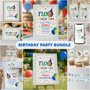 Op de afbeelding: Een verjaardagsfeestset met een lichtblauw en wit gestreept thema met kleurrijke accenten. Het bevat uitnodigingen, welkomstborden, bedankkaartjes, waterfleslabels, cupcake-toppers en een slinger met de tekst Two Much Fun.