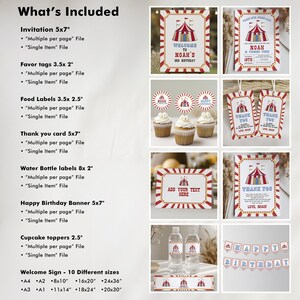 May include: A collection of circus-themed party supplies, including invitations, favor tags, food labels, thank you cards, water bottle labels, a banner, and cupcake toppers. The designs feature a red and white striped pattern and circus tent illustrations.