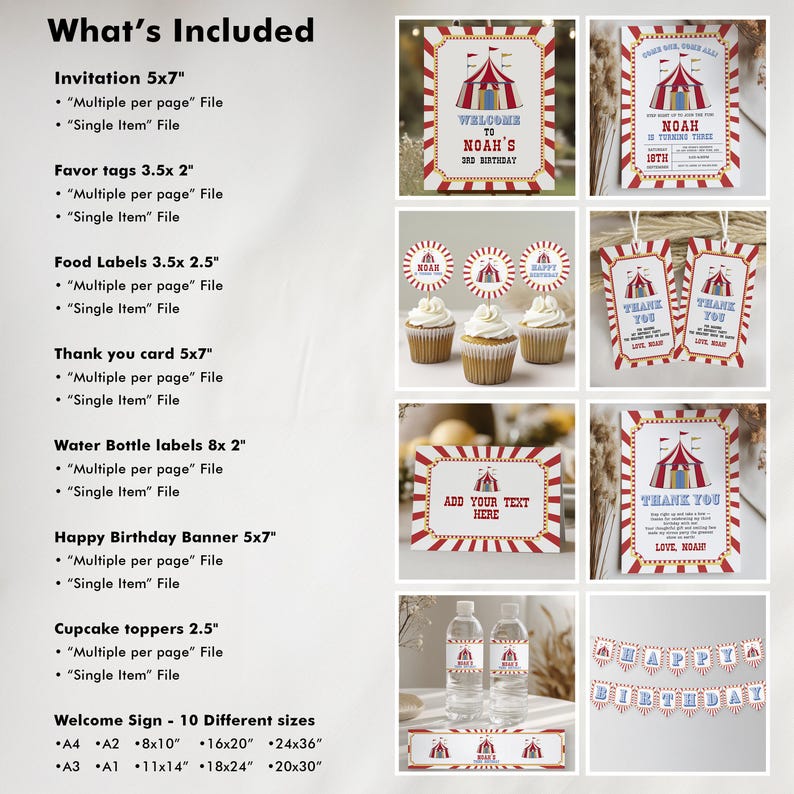 May include: A collection of circus-themed party supplies, including invitations, favor tags, food labels, thank you cards, water bottle labels, a banner, and cupcake toppers. The designs feature a red and white striped pattern and circus tent illustrations.