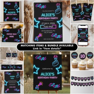 May include: A collection of neon-themed birthday party stationery featuring black backgrounds with blue and pink neon graphics of music notes, stars, microphones, and finger hearts, including invitations, thank you tags, cupcake toppers, and banners.