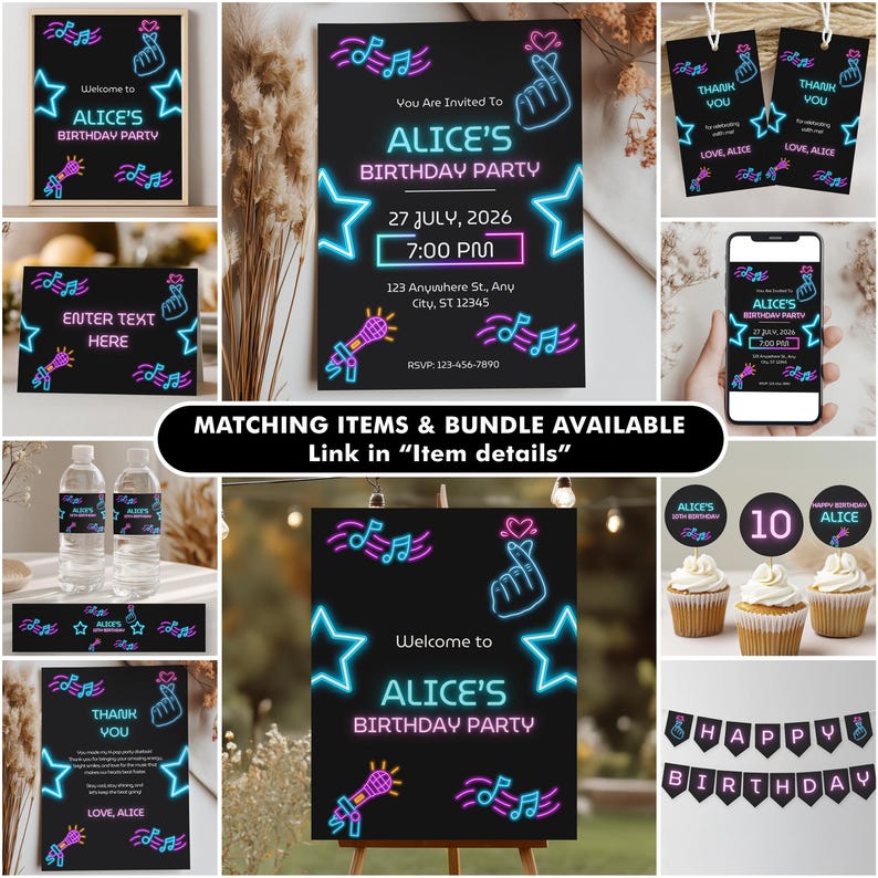 May include: A collection of neon-themed birthday party stationery featuring black backgrounds with blue and pink neon graphics of music notes, stars, microphones, and finger hearts, including invitations, thank you tags, cupcake toppers, and banners.