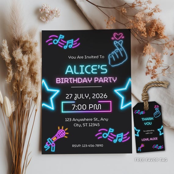 Editable Music Neon K-Pop Birthday Invitations, Music Neon KPop Invite, Korean Pop Theme Birthday Invitation Template, INSTANT DOWNLOAD 8542
