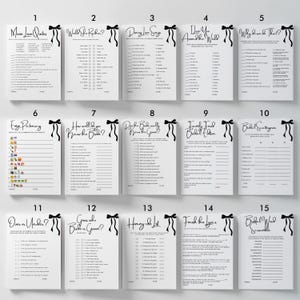 May include: A collection of fifteen white bridal shower game cards arranged in a grid, each featuring a black bow graphic at the top right corner. The cards include titles like Movie Love Quotes, Would She Rather, and Bridal Word Scramble, with black text and lines for writing answers.