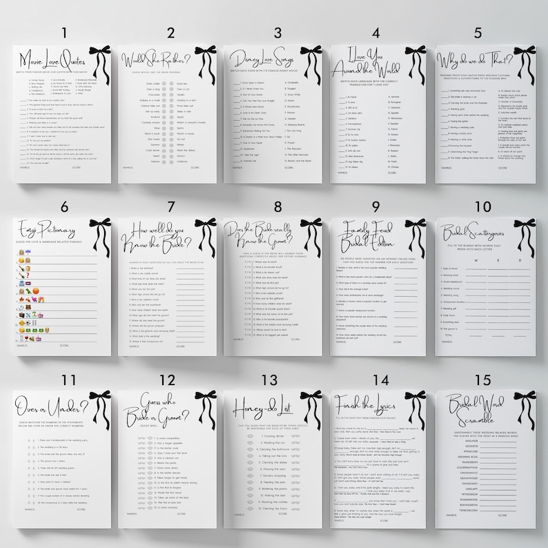 May include: A collection of fifteen white bridal shower game cards arranged in a grid, each featuring a black bow graphic at the top right corner. The cards include titles like Movie Love Quotes, Would She Rather, and Bridal Word Scramble, with black text and lines for writing answers.